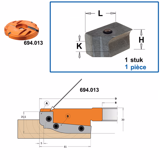 Spanblok voor profielmes art. 695.013.A1 L=16mm K=11mm