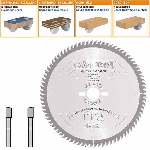 Zaagblad met hardmetalen tanden voor fijne afwerking D=250mm K=3,2mm P=2,2mm Z80 · 285.080.10M