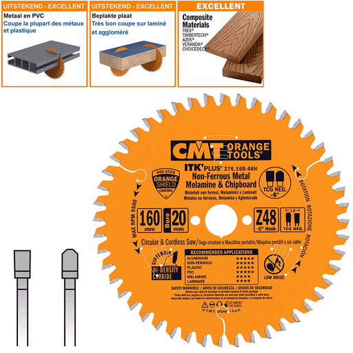 Dun zaagblad voor non-ferro metalen en hard materiaal D=160mm B=16mm K=1,8mm Z48
