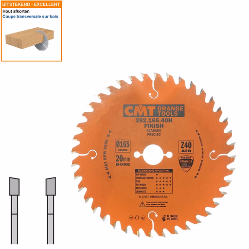 HW afkortcirkelzaag voor draagbare machines D=165mm B=20mm P=1,6mm Z40