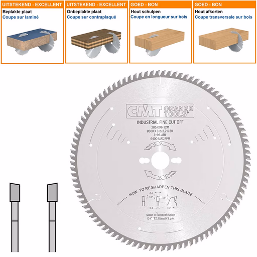 Zaagblad met hardmetalen tanden voor fijne afwerking D=300mm K=3,2mm P=2,2mm Z96 · 285.096.12M