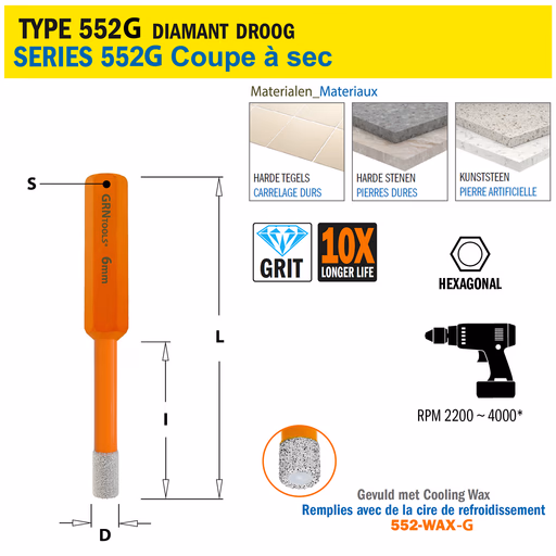 Gatzaag voor extreem harde materialen D=6mm S=Hexagonaal L=68mm I=32mm