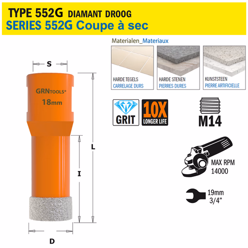 Gatzaag voor extreem harde materialen D=18mm S=M14 L=60mm I=40mm