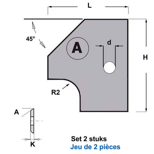 Profielmessen voor verstelbare afrond-/afschuinfrees A2 L=20mm K=2mm