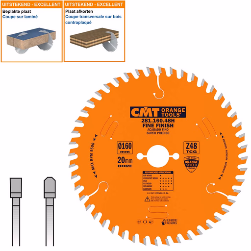 Plaat- en kunststof zaagblad met hardmetalen tanden D=160mm K=2,2mm P=1,6mm Z48 · 281.160.48H