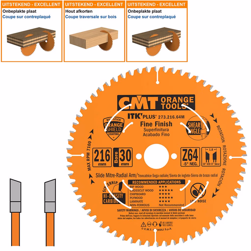 Dun fijn afkortzaag met hardmetalen tanden D=216mm K=1,8mm P=1,2mm Z64