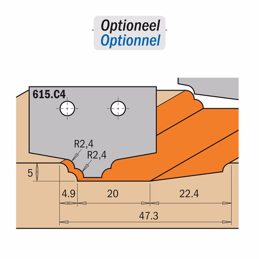 Profielmes voor profielfrees type C4 K=2mm R=2,4mm