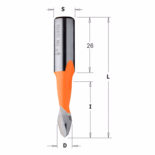 Drevelboor, links D=5mm L=57,5mm L1=26mm I=27mm