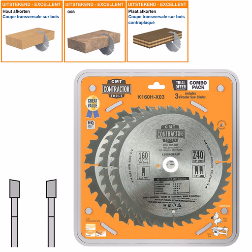 Set van universele HW zaagbladen Contractor D=160mm B=20mm K=2,2mm P=1,4mm