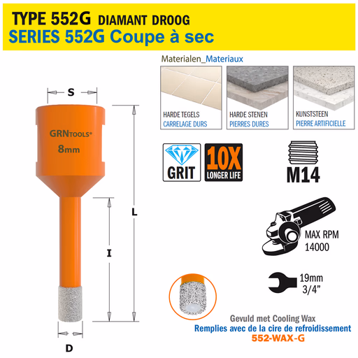 Gatzaag voor extreem harde materialen D=8mm S=M14 L=60mm I=40mm