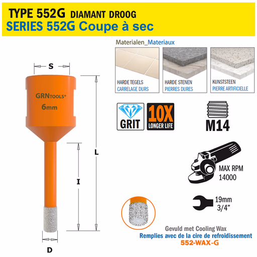 Gatzaag voor extreem harde materialen D=6mm S=M14 L=60mm I=40mm