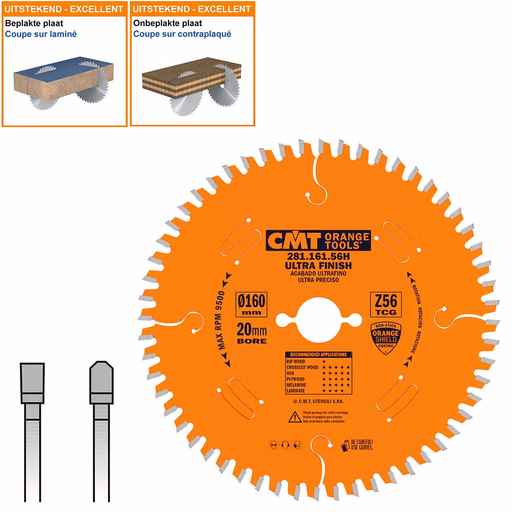 Plaat- en kunststof zaagblad met hardmetalen tanden D=160mm K=2,2mm P=1,6mm Z56
