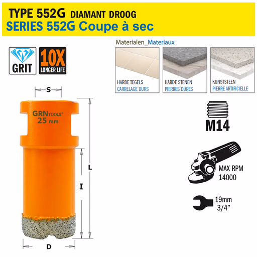 Gatzaag voor extreem harde materialen D=25mm S=M14 L=60mm I=40mm · 552-525G
