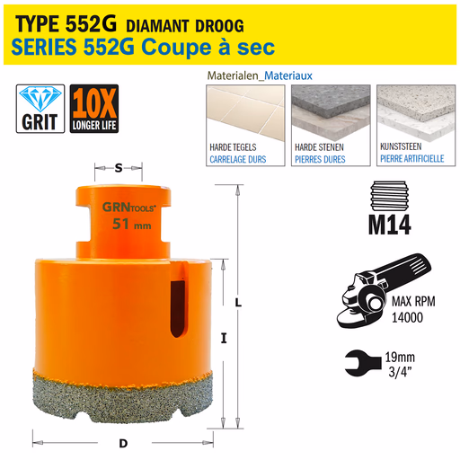 Gatzaag voor extreem harde materialen D=51mm S=M14 L=60mm I=40mm · 552-551G