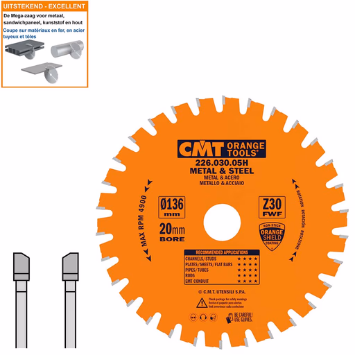 Multi-cirkelzaagblad met hardmetalen tanden D=136mm B=20mm K=1,5mm Z30