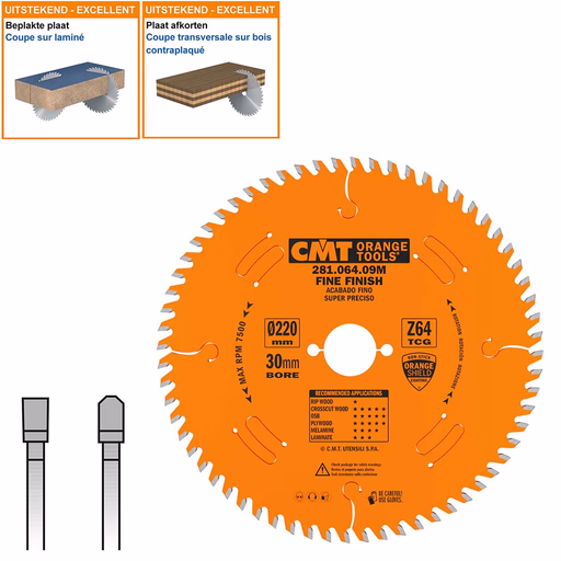 Plaat- en kunststof zaagblad met hardmetalen tanden D=220mm K=3,2mm P=2,2mm Z64