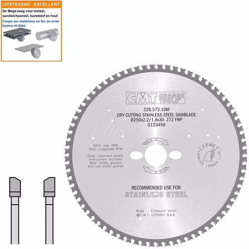 Hard metaal zaagblad voor roestvast staal D=250mm B=30mm K=2,2mm Z72