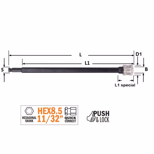 Verlengstuk met zeskantschacht aansluiting PUSH&LOCK S=HEX8.5 (11/32) L=150mm L1=120mm