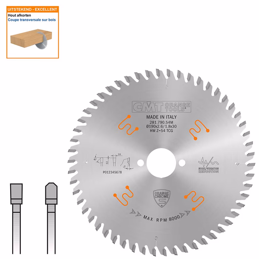 Plaat- en kunststof zaagblad met hardmetalen tanden D=190mm B=30mm P=1,8mm Z54