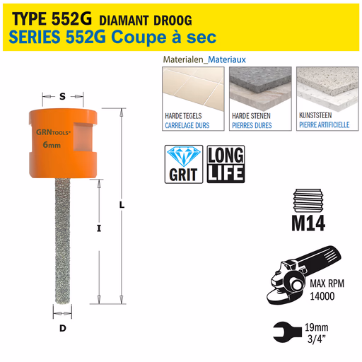 Gatzaag voor extreem harde materialen D=6mm S=M14 L=75mm I=50mm