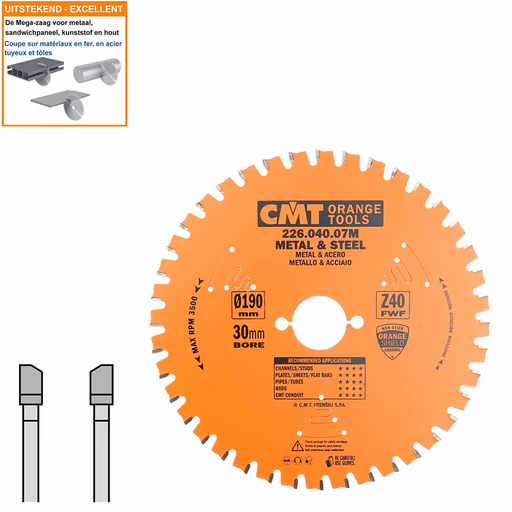 Multi-cirkelzaagblad met hardmetalen tanden D=190mm B=30mm K=2mm Z40