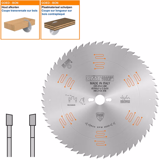Geluidsarme HW afkortzaag geschikt voor hout D=350mm K=3,5mm P=2,5mm Z58