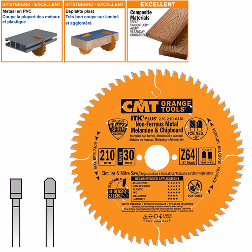 Dun zaagblad voor non-ferro metalen en hard materiaal D=210mm B=25mm K=1,8mm Z64
