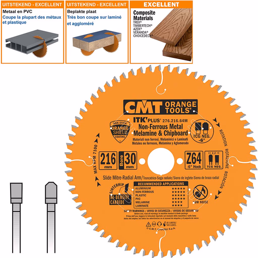 Dun zaagblad voor non-ferro metalen en hard materiaal D=216mm B=30mm K=2,2mm Z64