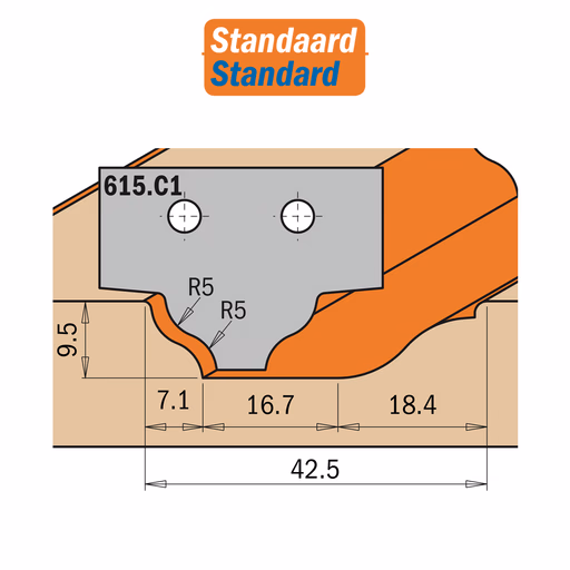Profielmes voor profielfrees type C1 K=2mm R=5mm · 615.C1