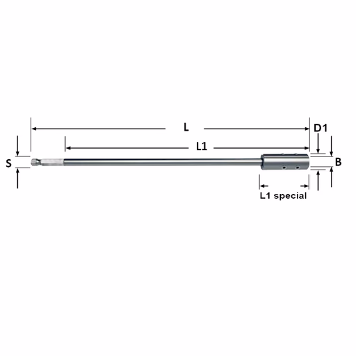 Verlengstuk met zeskant-schacht aansluiting B=9,52mm L1=290mm