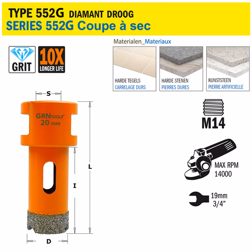 Gatzaag voor extreem harde materialen D=20mm S=M14 L=60mm I=40mm