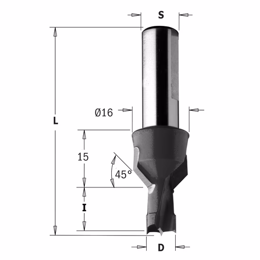 Drevelboor met vaste verzinker, rechts D=8mm L=70mm I=13mm