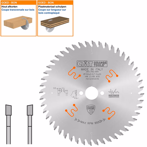 HW afkortcirkelzaag voor draagbare machines D=160mm B=20mm P=1,6mm Z48