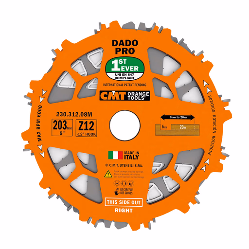 Verstelbare groefzagenset DADO met HW tanden D=203mm B=15,87mm Z12