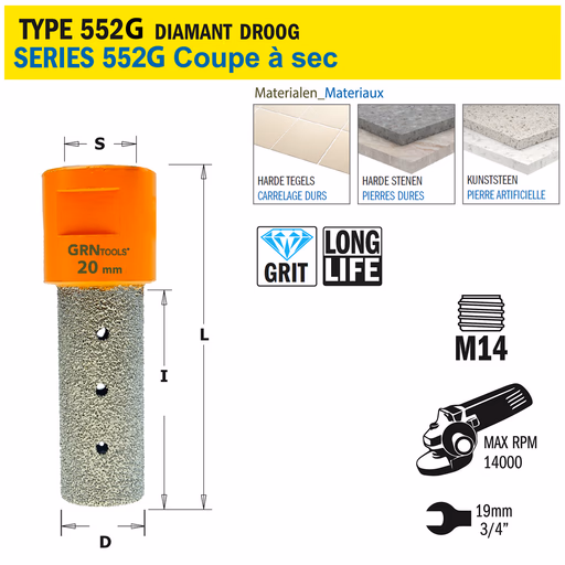 Gatzaag voor extreem harde materialen D=20mm S=M14 L=75mm I=50mm