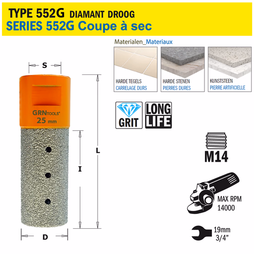 Gatzaag voor extreem harde materialen D=25mm S=M14 L=75mm I=50mm