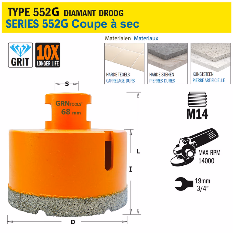 Gatzaag voor extreem harde materialen D=68mm S=M14 L=60mm I=40mm · 552-568G