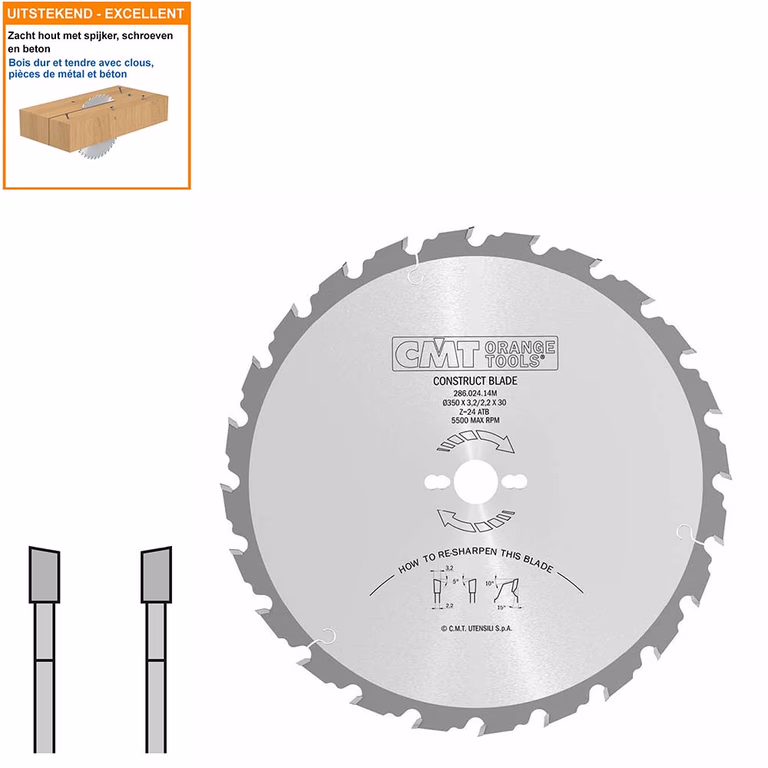 Bouw schulpzaag met hardmetalen tanden D=350mm K=3,2mm P=2,2mm Z24