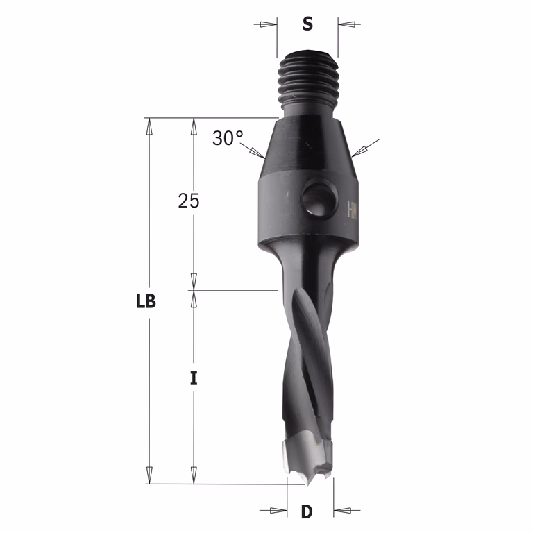 Drevelboor met centreerconus 30°, links D=5mm LB=75mm I=50mm