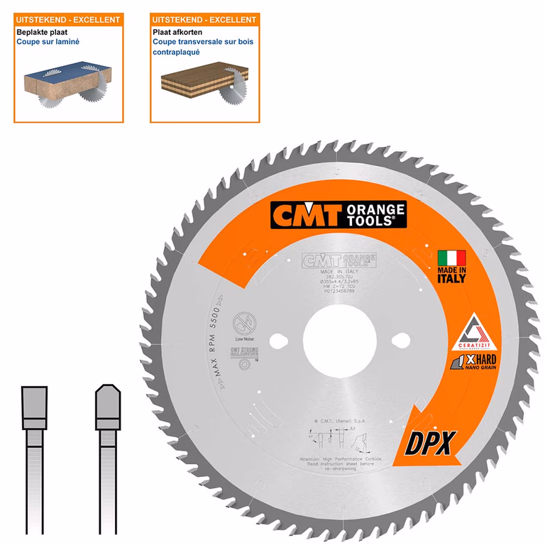 Plaatzaagblad met DPX hardmetalen tanden D=355mm B=65mm K=4,4mm P=3,2mm