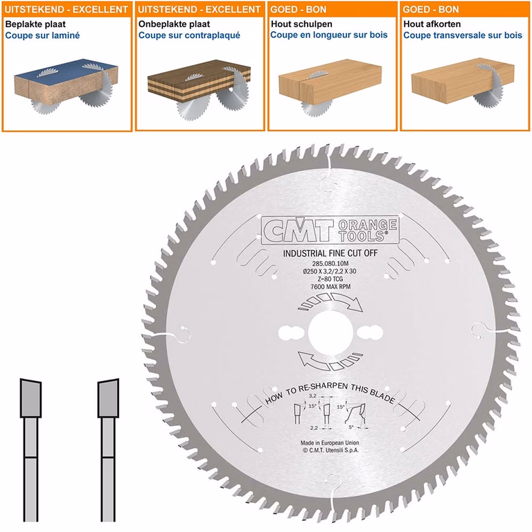 Zaagblad met hardmetalen tanden voor fijne afwerking D=250mm K=3,2mm P=2,2mm Z80 · 285.080.10M