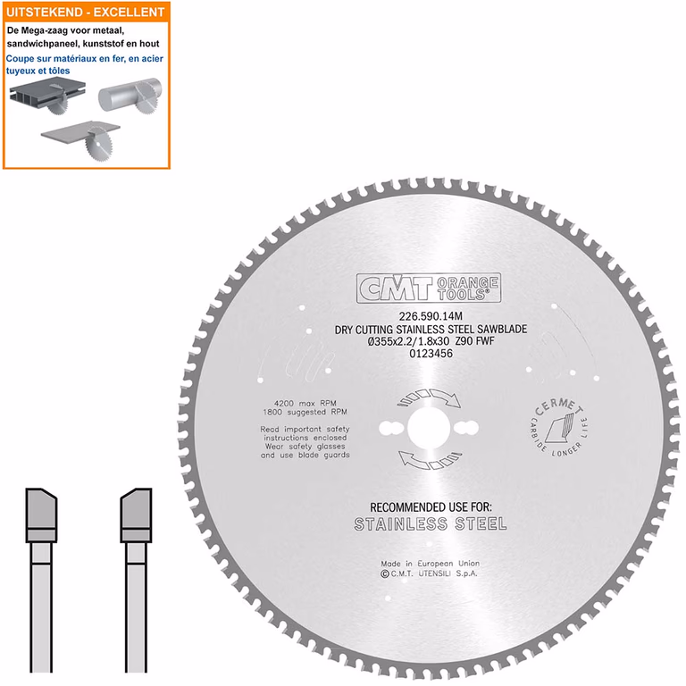 Hard metaal zaagblad voor roestvast staal D=355mm B=30mm K=2,2mm Z90