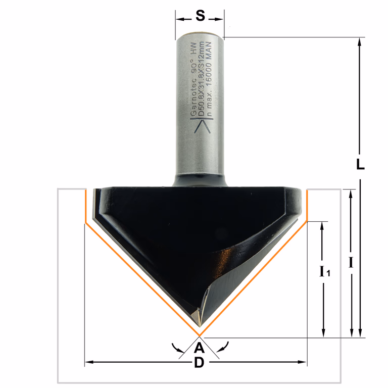 V-groef frees 90°, HW D=50,8mm S=12mm L=70mm I=32,5mm