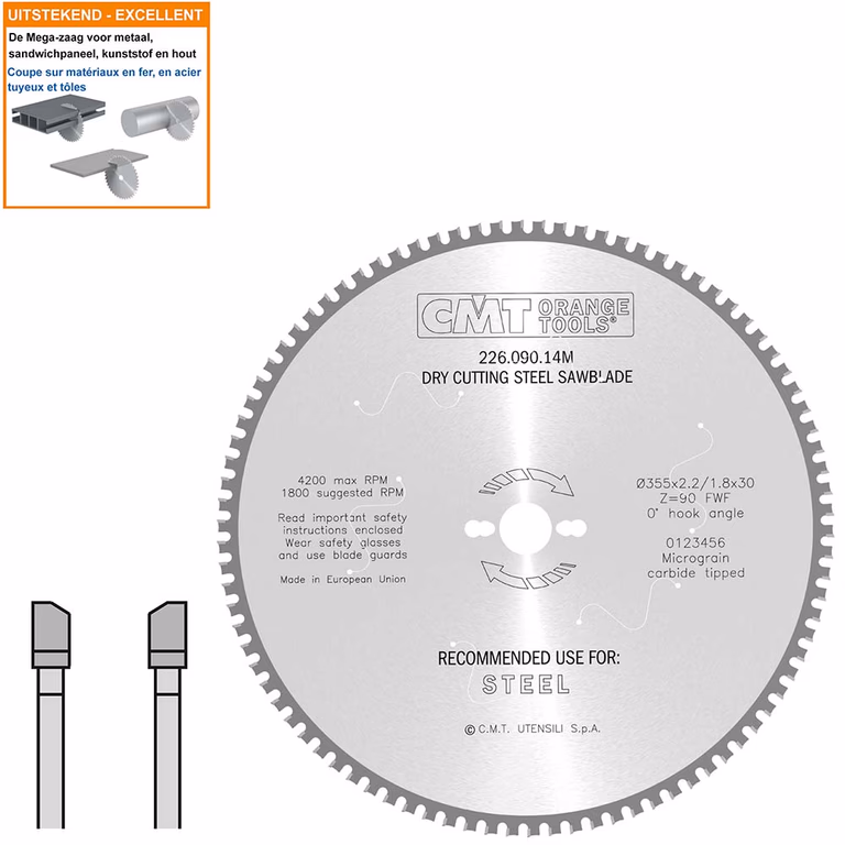 Multi-cirkelzaagblad met hardmetalen tanden D=355mm B=30mm K=2,2mm Z90