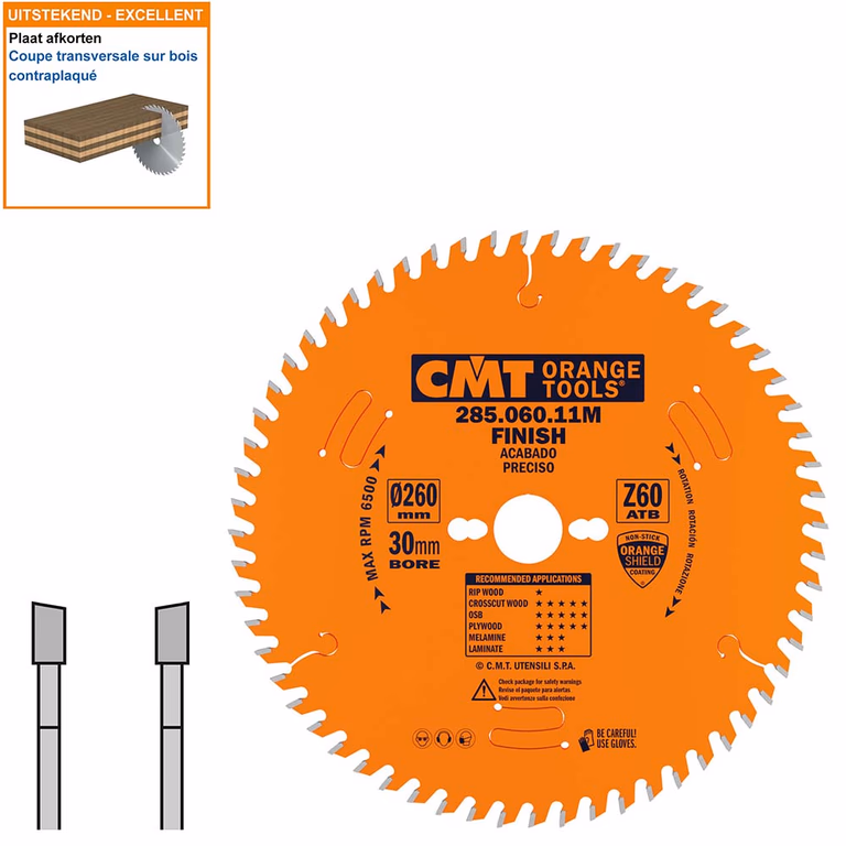 Afkortzaag met hardmetalen tanden geschikt voor hout D=260mm K=2,8mm P=1,8mm Z60
