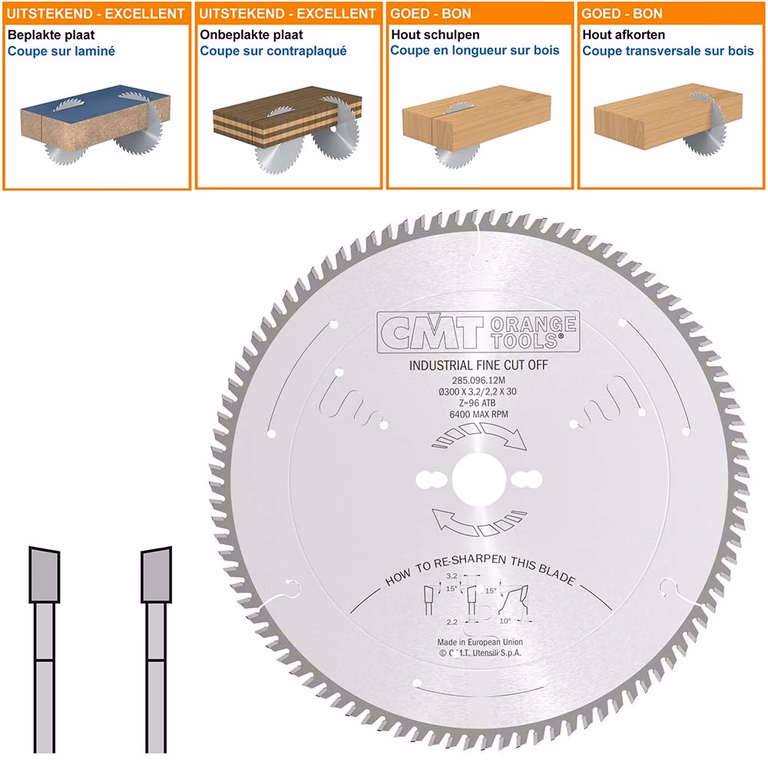 Zaagblad met hardmetalen tanden voor fijne afwerking D=300mm K=3,2mm P=2,2mm Z96 · 285.096.12M