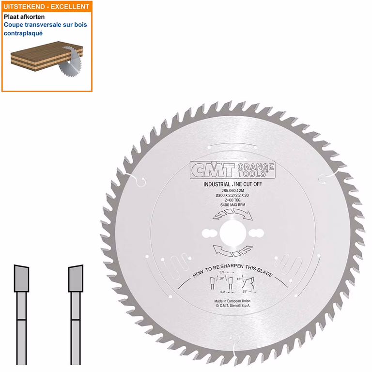 Afkortzaag met hardmetalen tanden geschikt voor hout D=300mm K=3,2mm P=2,2mm Z60