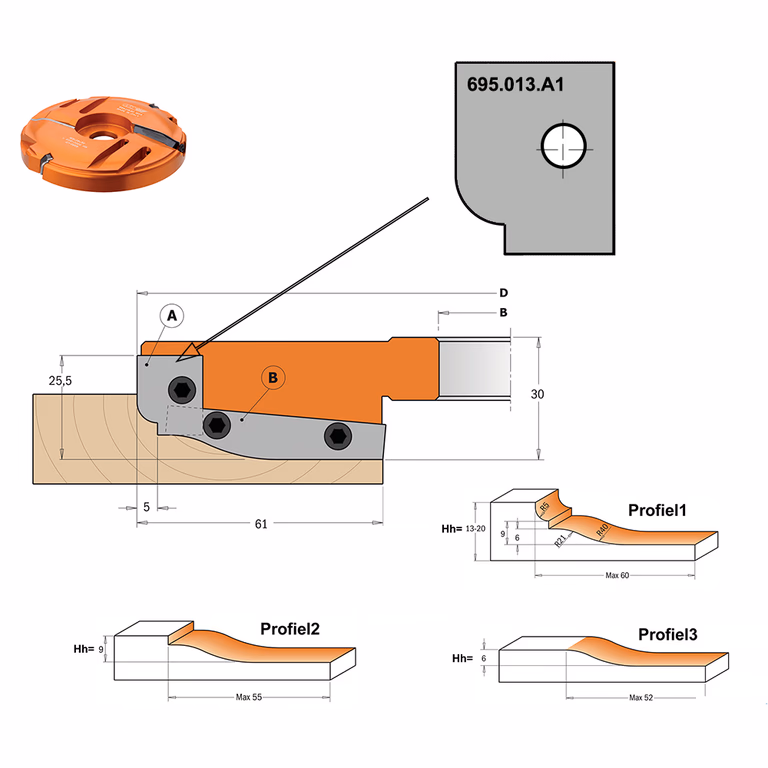 Profielmes voor bossingpaneelfrees art. 694.013 L=19,8mm