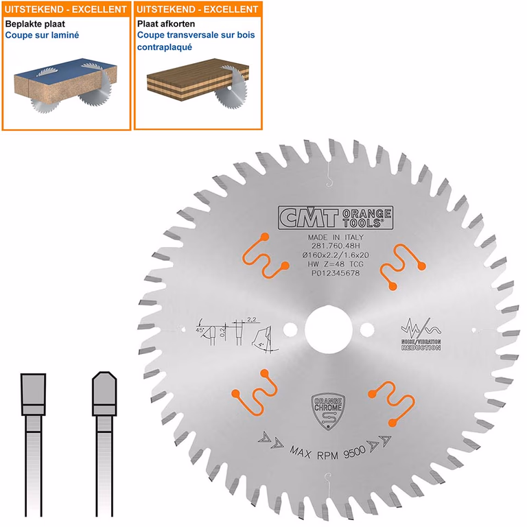 Plaat- en kunststof zaagblad met hardmetalen tanden D=160mm K=2,2mm P=1,6mm Z48 · 281.760.48H
