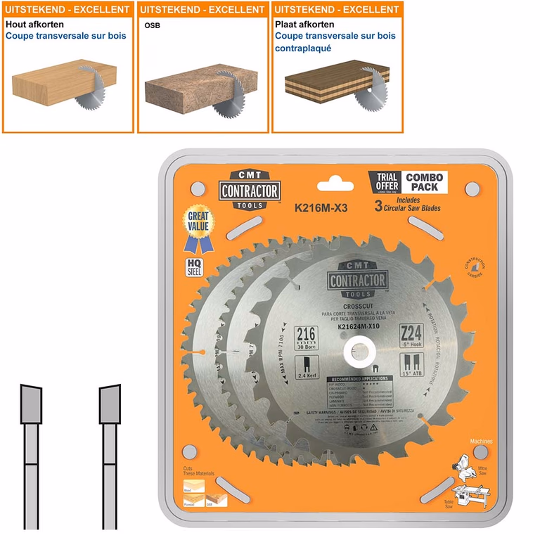 Set van universele HW zaagbladen Contractor D=216mm B=30mm K=2,4mm P=1,6mm